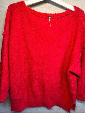 Free People Red Hot Pink Fuzzy Knit Sweater Size Small Slouchy Cozy Pullover